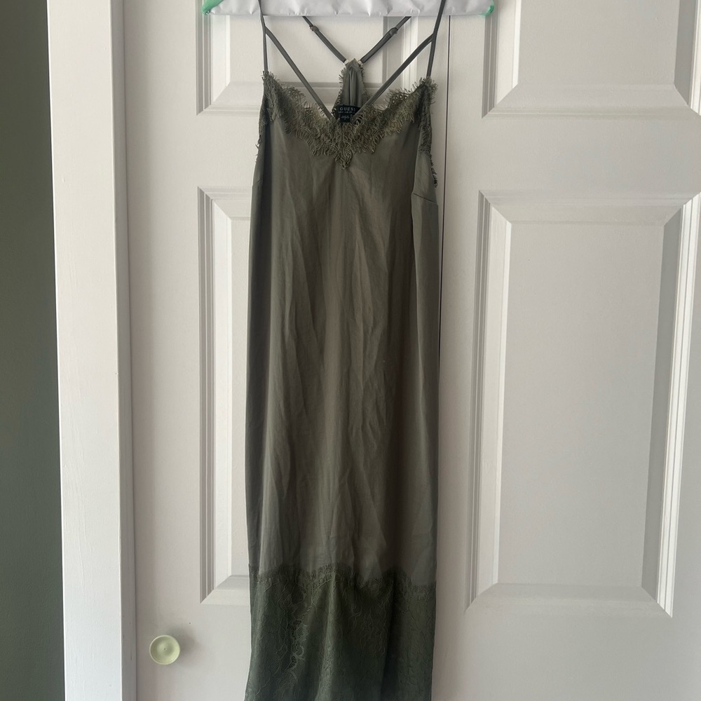 Guess lace detailed silk dark green dress midi